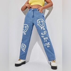 SHEIN Women’s 90’s Style All You Need is Love Printed Denim Jeans Plus Size 4X